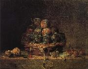 Jean Baptiste Simeon Chardin Walnut and fitted with a basket of plums cherry red millet vinegar oil painting artist